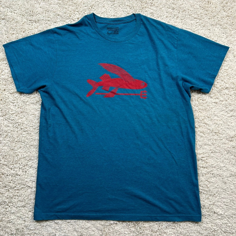 Patagonia Graphic T-Shirt XL Blue Flying Fish Trident Slim Fit Short Sleeve